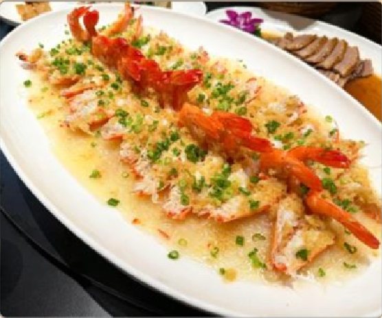 潮汕食府菜单菜品：M8 蒜蓉蒸开边虾（活） Steamed Split Live Prawns with Garlic