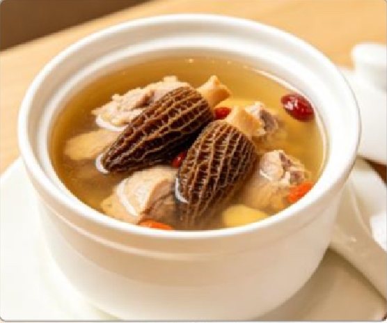 潮汕食府菜单菜品：D11 羊肚菌炖老鸡汤 Morel Mushroom Chicken Soup