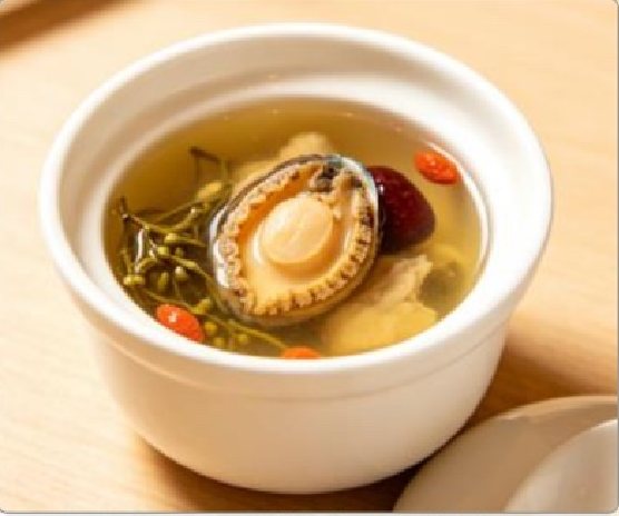 潮汕食府菜单菜品：D12 石斛石橄榄炖原只鲍鱼汤 Dendrobium, Stone Olive and Whole Abalone Soup